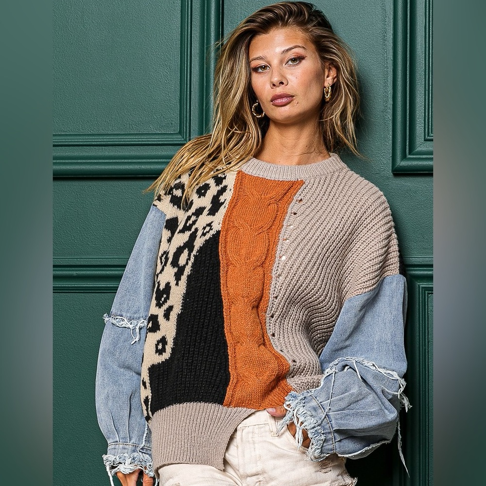 #22 Denim Sleeve Two Tone Animal Print Sweater